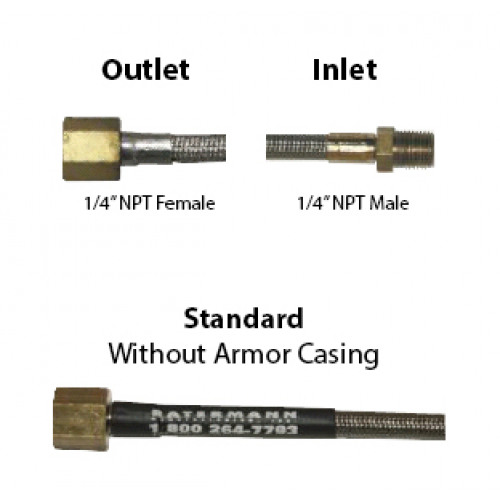 Stainless Steel PTFE 3600psi No-Armor Hose 294&quot;L, 1/4&quot; Female x 1/4&quot; Male