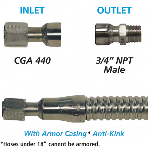 Cryogenic Hose 3/4 ID Armored CGA 440 x 3/4 M NPT - Common Lengths